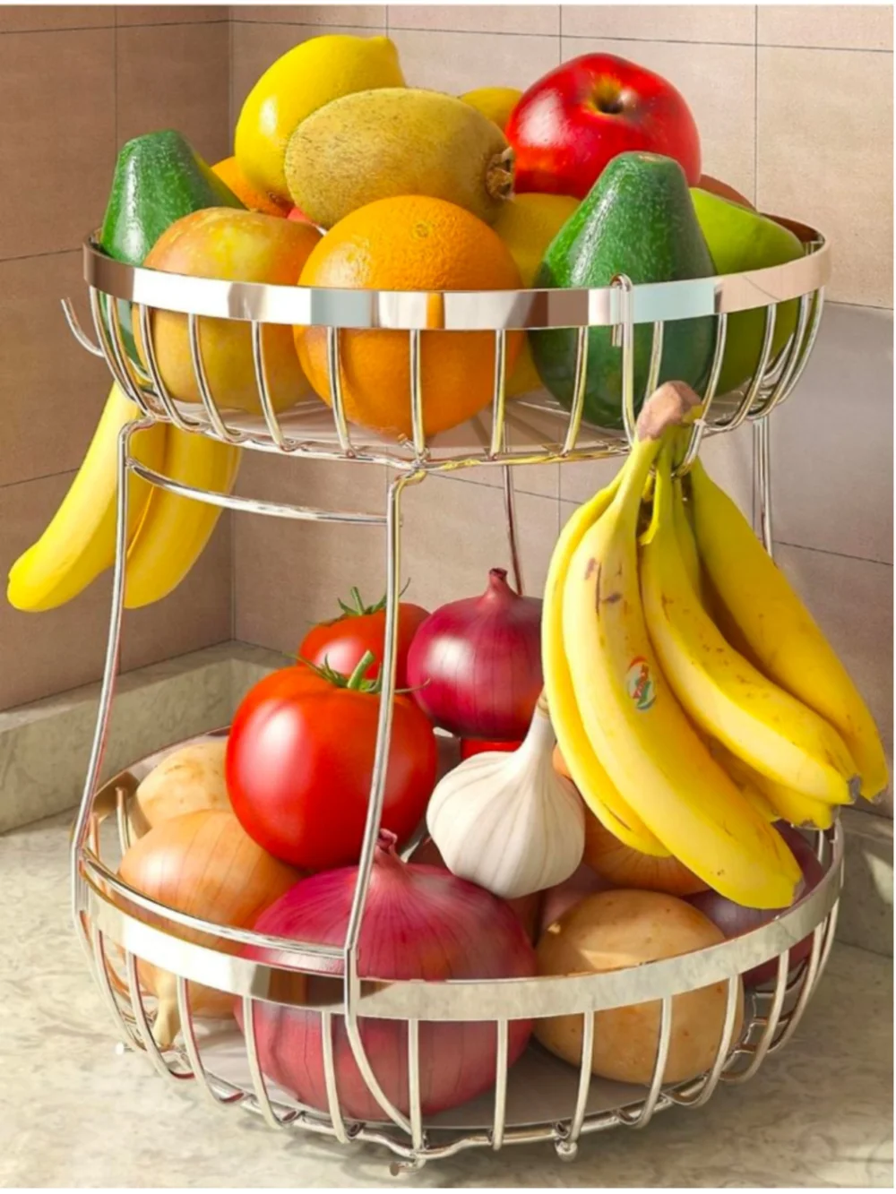 Sevenblue Silver 2-Tier Fruit Basket for Kitchen